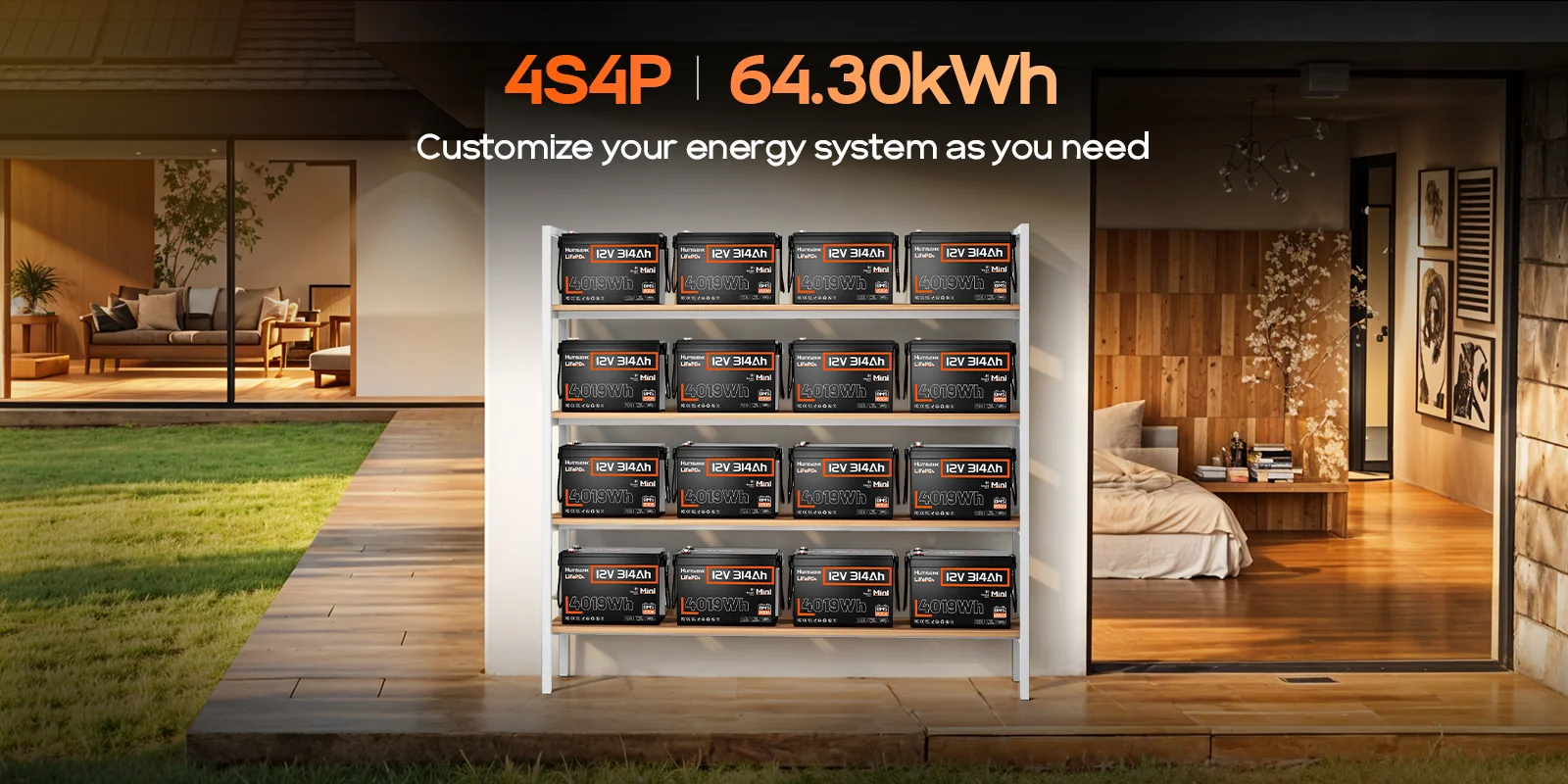 Humsienk 12V 314Ah LiFePO4 Battery, Capacity 4019Wh, Size MINI, Built-in Bluetooth & 200A BMS, 15000+ Deep Cycle, Low-Temp Protection For Fishing, Portable Power Station, Golf Cart, Boat, Marine, Off-Grid, Solar, 5-Year Warranty
