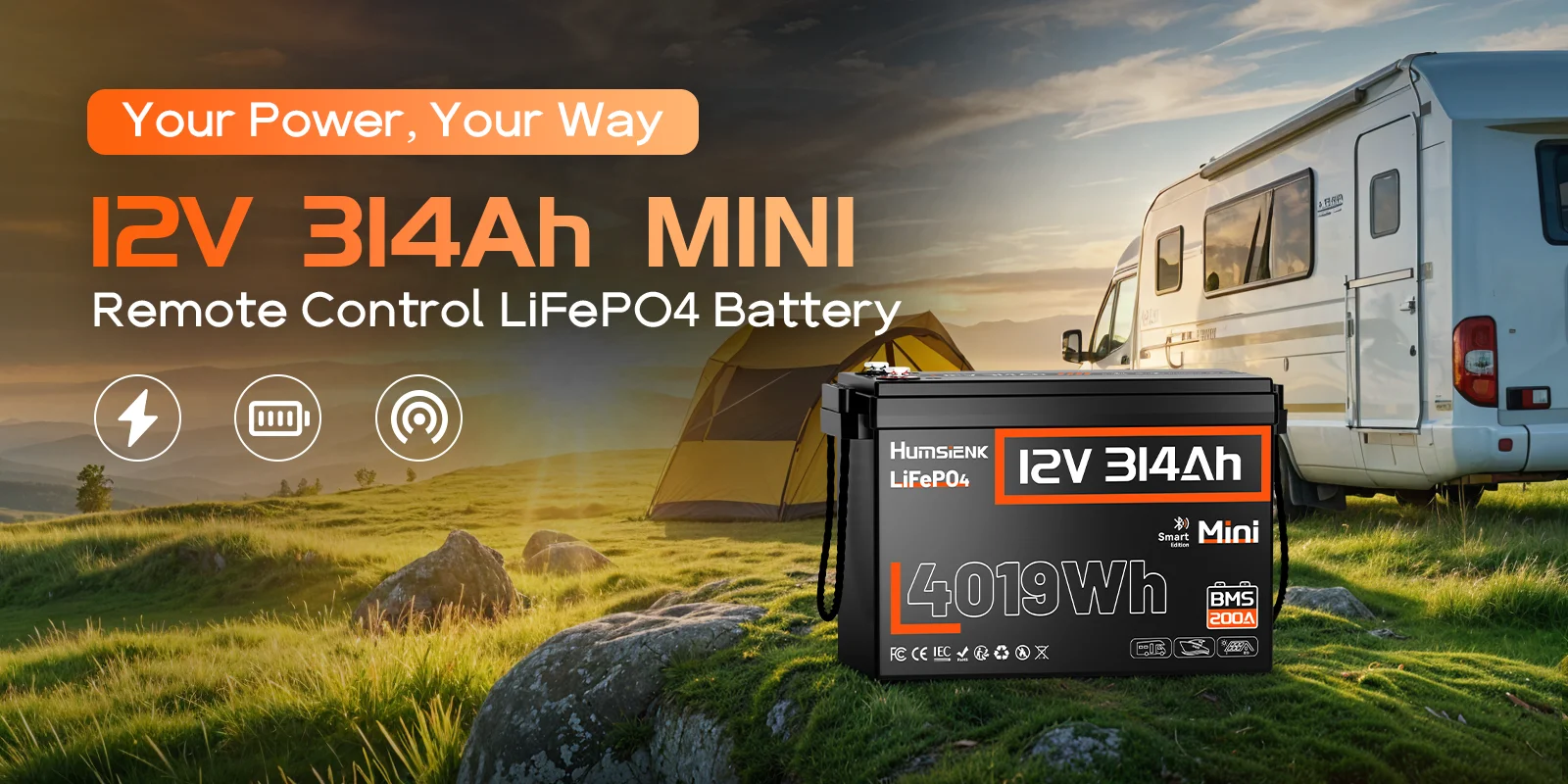 Humsienk 12V 314Ah LiFePO4 Battery, Capacity 4019Wh, Size MINI, Built-in Bluetooth & 200A BMS, 15000+ Deep Cycle, Low-Temp Protection For Fishing, Portable Power Station, Golf Cart, Boat, Marine, Off-Grid, Solar, 5-Year Warranty
