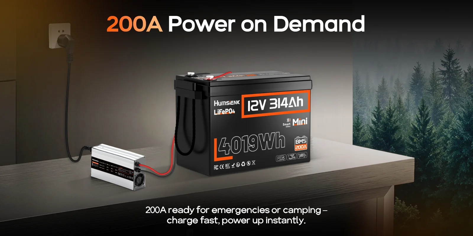 Humsienk 12V 314Ah LiFePO4 Battery, Capacity 4019Wh, Size MINI, Built-in Bluetooth & 200A BMS, 15000+ Deep Cycle, Low-Temp Protection For Fishing, Portable Power Station, Golf Cart, Boat, Marine, Off-Grid, Solar, 5-Year Warranty