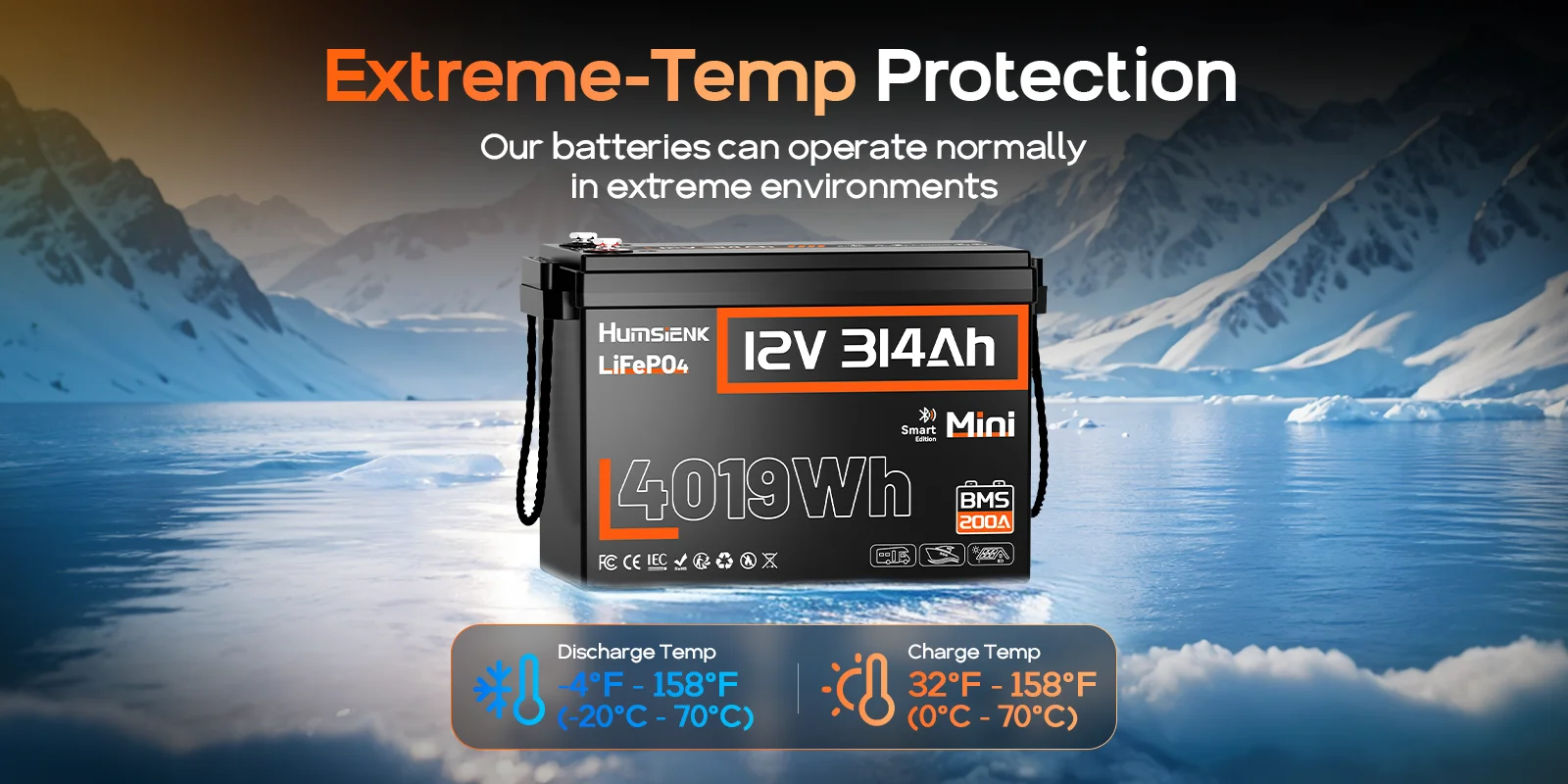 Humsienk 12V 314Ah LiFePO4 Battery, Capacity 4019Wh, Size MINI, Built-in Bluetooth & 200A BMS, 15000+ Deep Cycle, Low-Temp Protection For Fishing, Portable Power Station, Golf Cart, Boat, Marine, Off-Grid, Solar, 5-Year Warranty