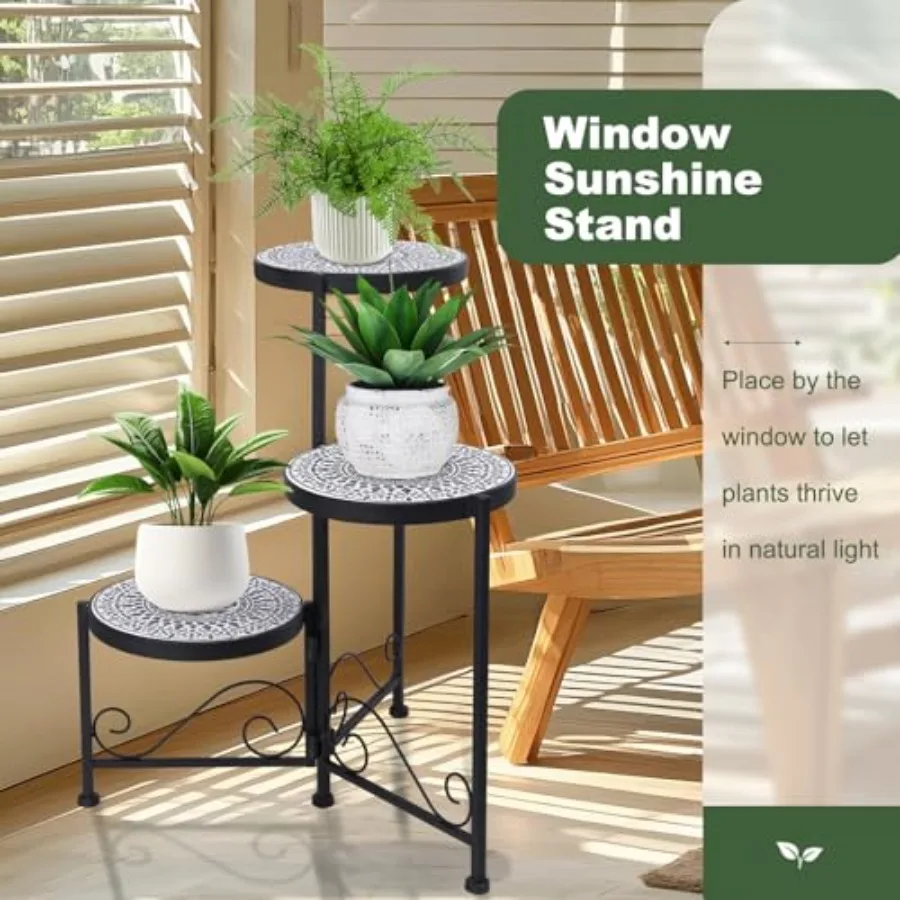 3 Tier Mosaic Plant Stand Foldable Corner Shelf for Indoor Outdoor Tall Plant Holder Display Rack for Patio Balcony Living Room