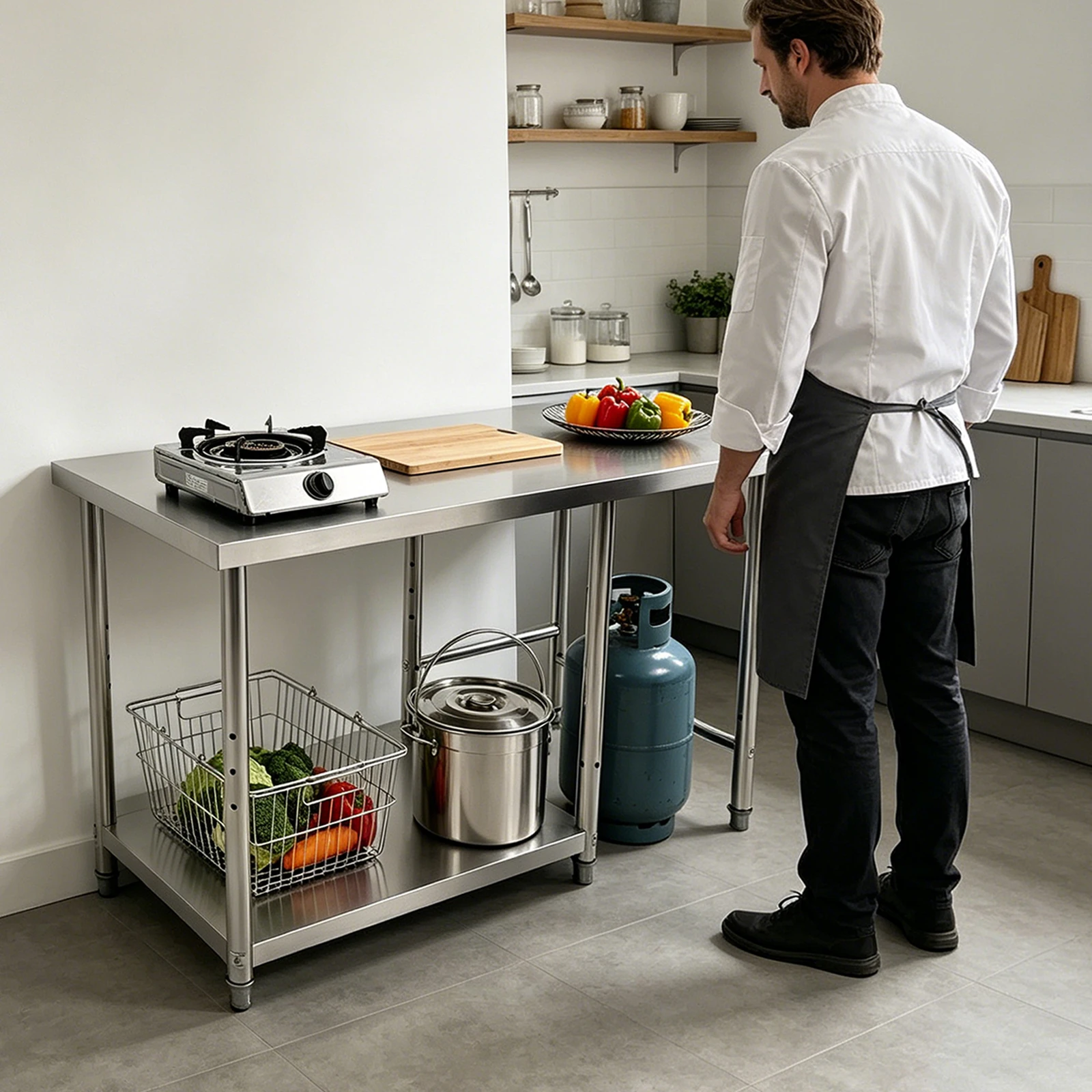Stainless Steel Work Table, Prep Table with Lower Shelf, Heavy Duty Commercial Kitchen Workstation for Home Restaurant