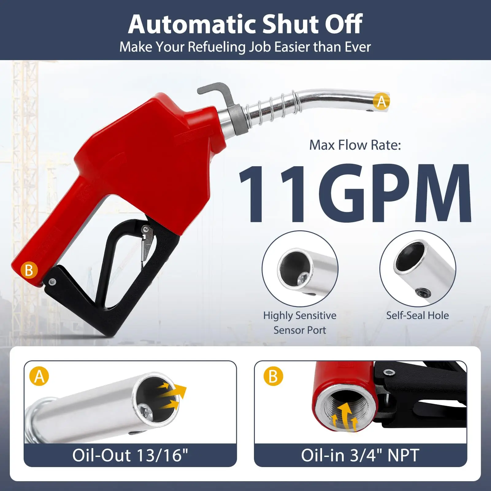 Auto Shut Off Fuel Transfer Nozzle, 3/4' NPT Inlet, 13/16' Spout, 16 GPM Aluminum Pump Handle With Swivel Diesel