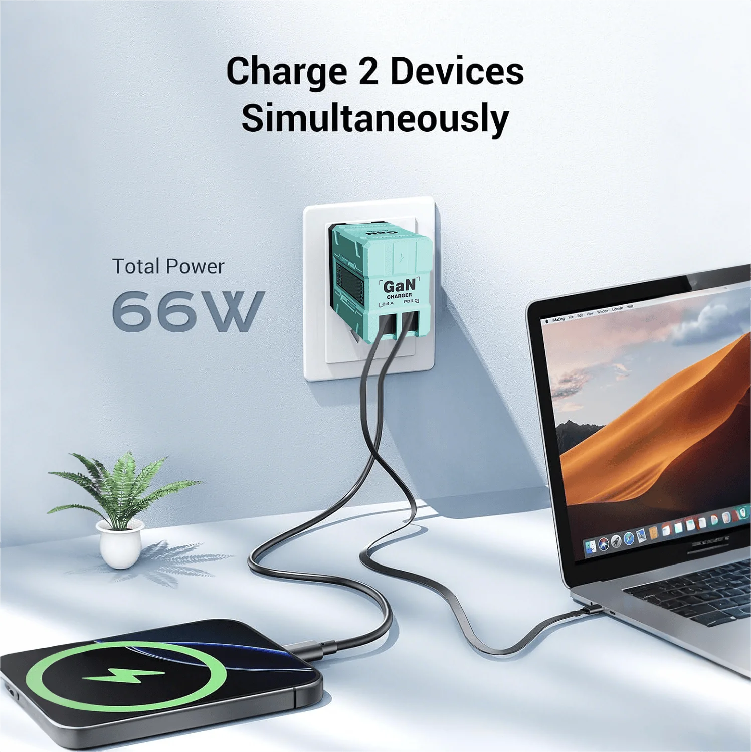 GaN 45W Fast Wall Charger with Type-C Output Port, 31.5inch/32-inch Retractable Cable, Portable Foldable Plug, Dual Port Max 65W Fast Charging, Durable And Kont-Free Design for Easy Use- Compatible with iOS 16/15/14 Pro Max, S25/S24 Ultra