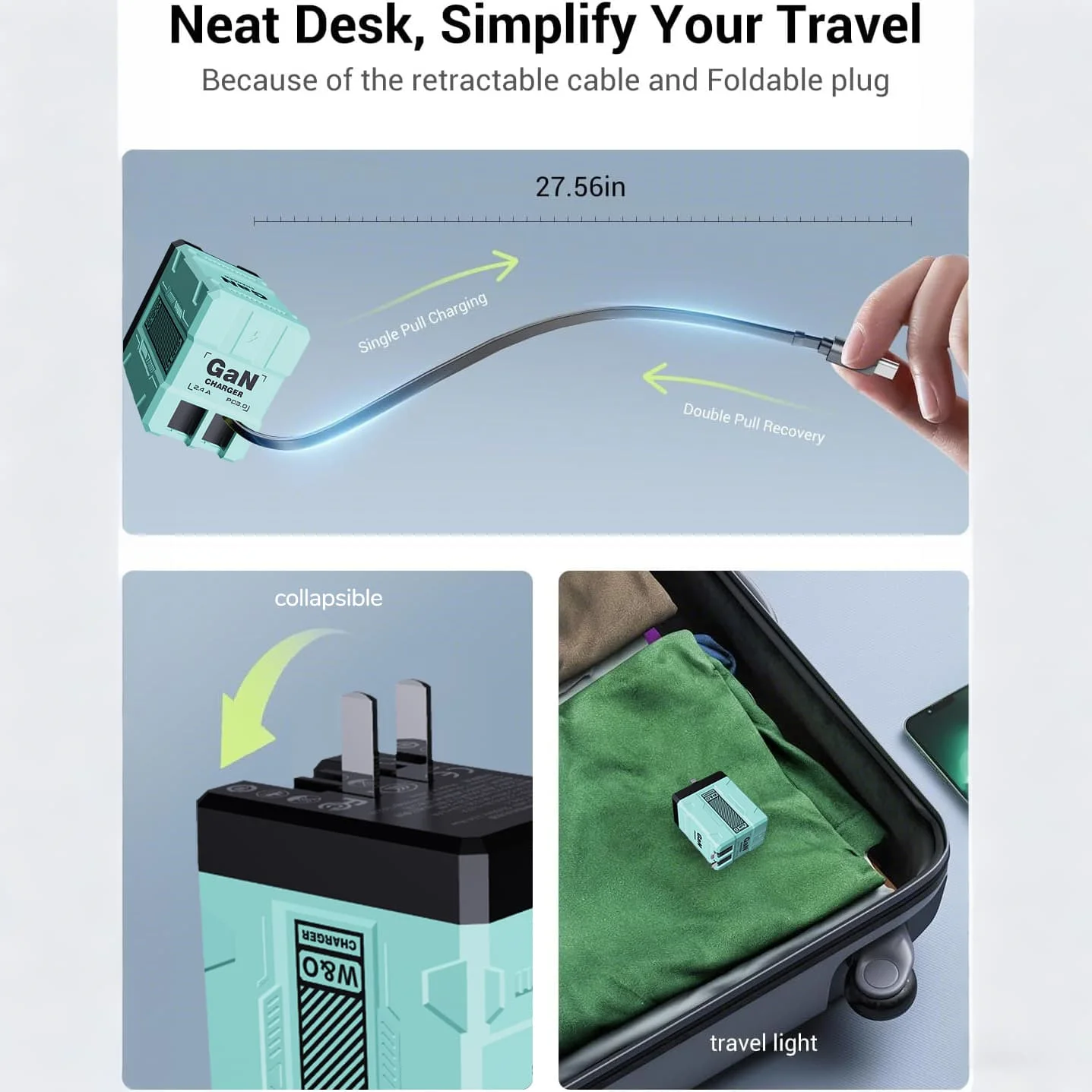 GaN 45W Fast Wall Charger with Type-C Output Port, 31.5inch/32-inch Retractable Cable, Portable Foldable Plug, Dual Port Max 65W Fast Charging, Durable And Kont-Free Design for Easy Use- Compatible with iOS 16/15/14 Pro Max, S25/S24 Ultra