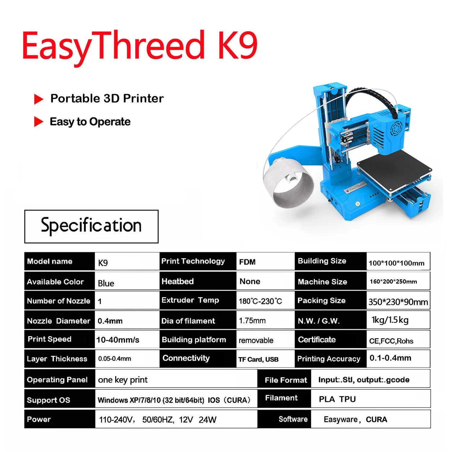 EasyThreed Entry Level Mini 3D Printer Portable Desktop 3D Printer with 100x100x100mm Build Plate Low Noise Fast Assembly for Kids Beginners Home Education DIY Printing Projects Student Use