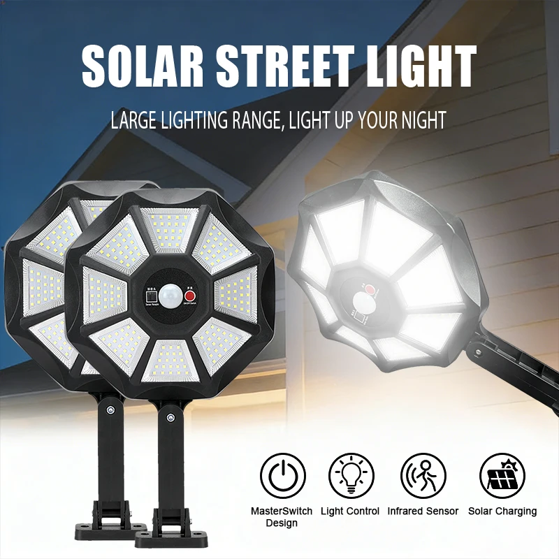Solar Lights Outdoor 168LED 360° Adjustable Flood Light Dusk to Dawn 8 Sides Solar Outdoor Lights with Motion Sensor IP66 Waterproof Solar Street Lights Outdoor for Yard Pools