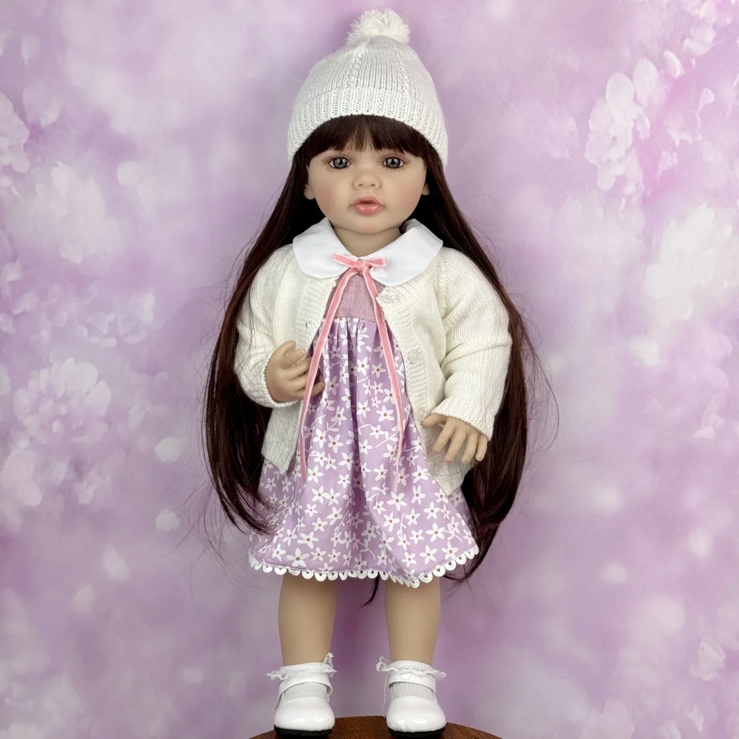 BZDOLL 55 CM Full Vinyl Body Reborn Baby Doll Toy Dress Up Lovely Brown Long Hair Princess Doll Handmade Birthday Christmas Gift