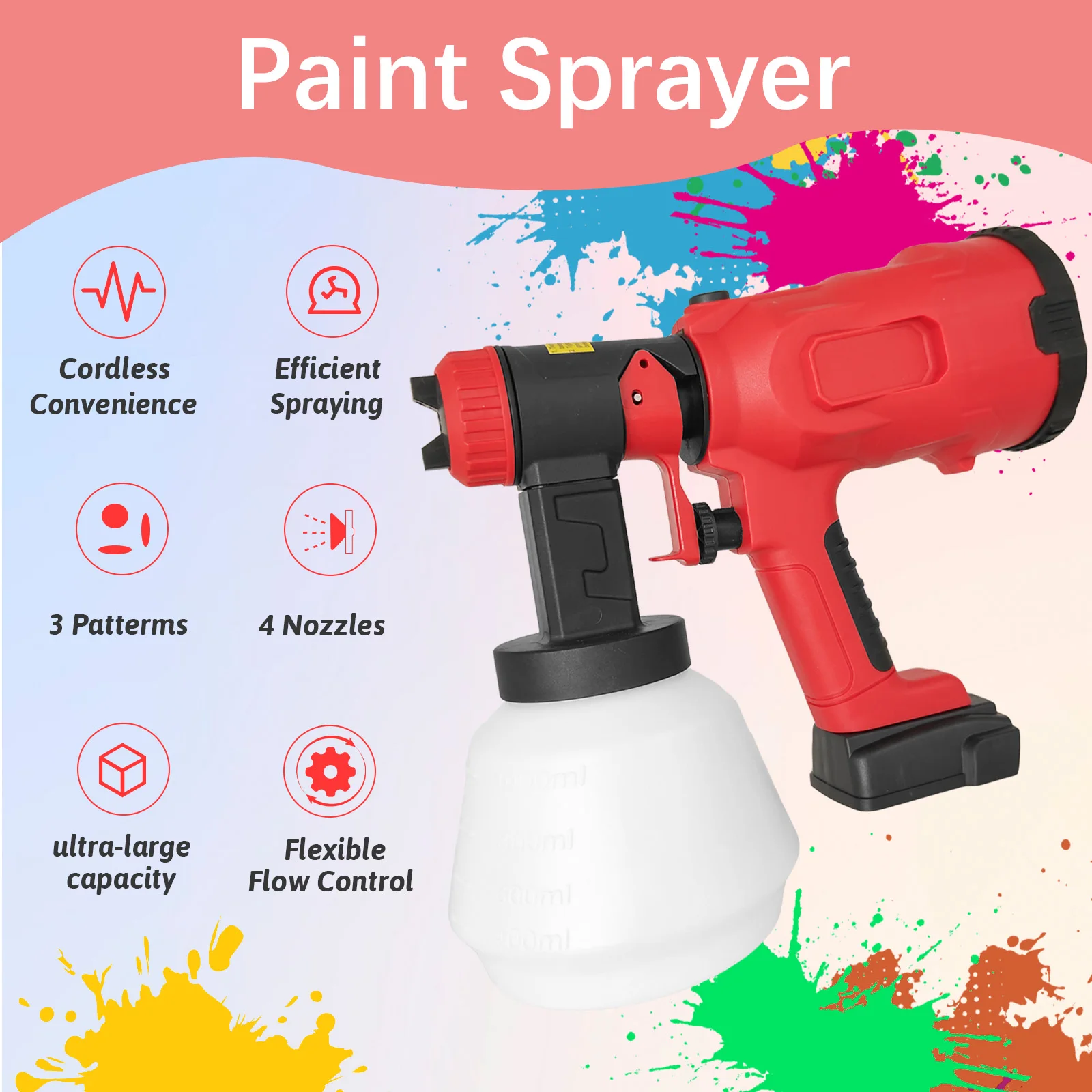 Cordless Paint Sprayer 500ml/min Max Flow – 4 Nozzles & 3 Spray Patterns, Compatible with Milwaukee 18V Battery, for DIY Home Painting, Furniture, Cabinets