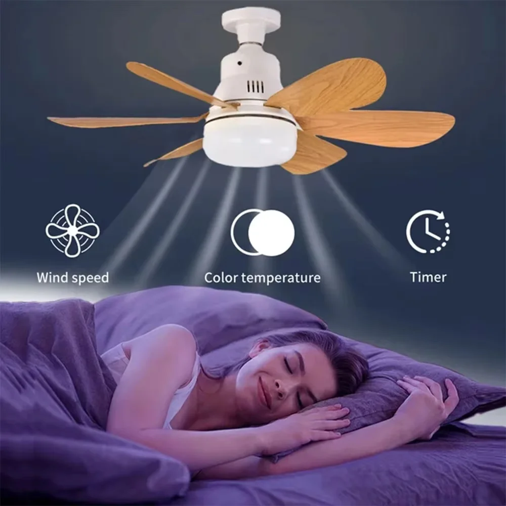 Cordless Light Socket Fan for Kitchen Bedroom Small Room LED Socket Fan Light with Remote Small Ceiling Fan with Light