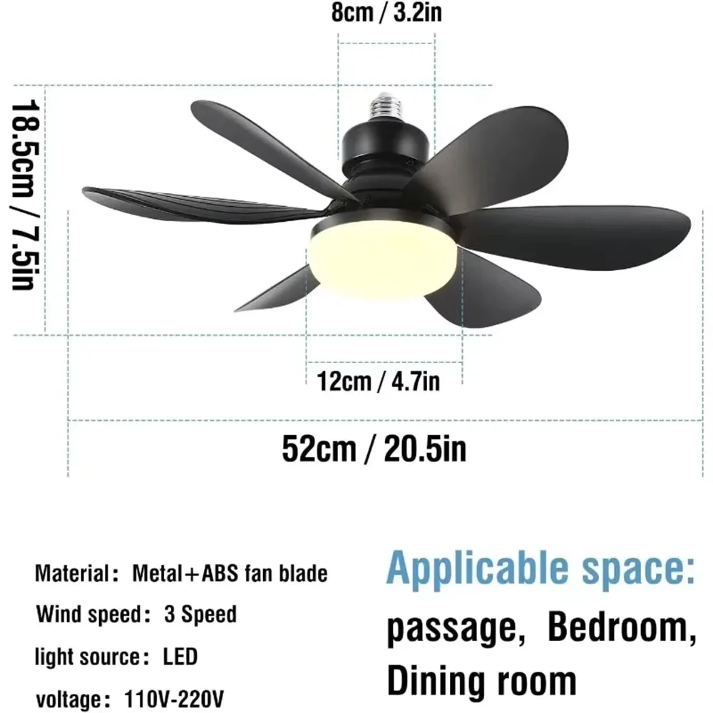 Cordless Light Socket Fan for Kitchen Bedroom Small Room LED Socket Fan Light with Remote Small Ceiling Fan with Light