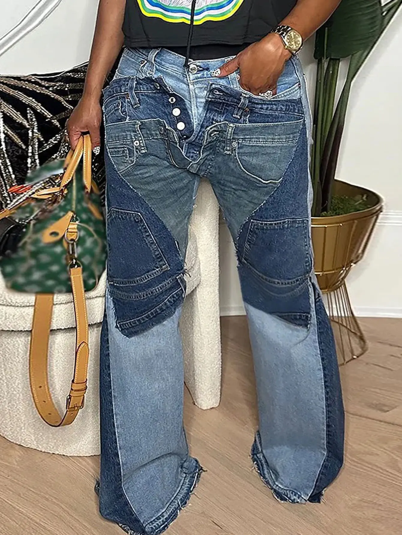 GLOURI Women's Flare Jeans, Vintage Washed High Stretch Deconstructed Denim Pants with Pockets, Casual Bell Bottom Jeans for Dating, Music Festival Daily Street Wear