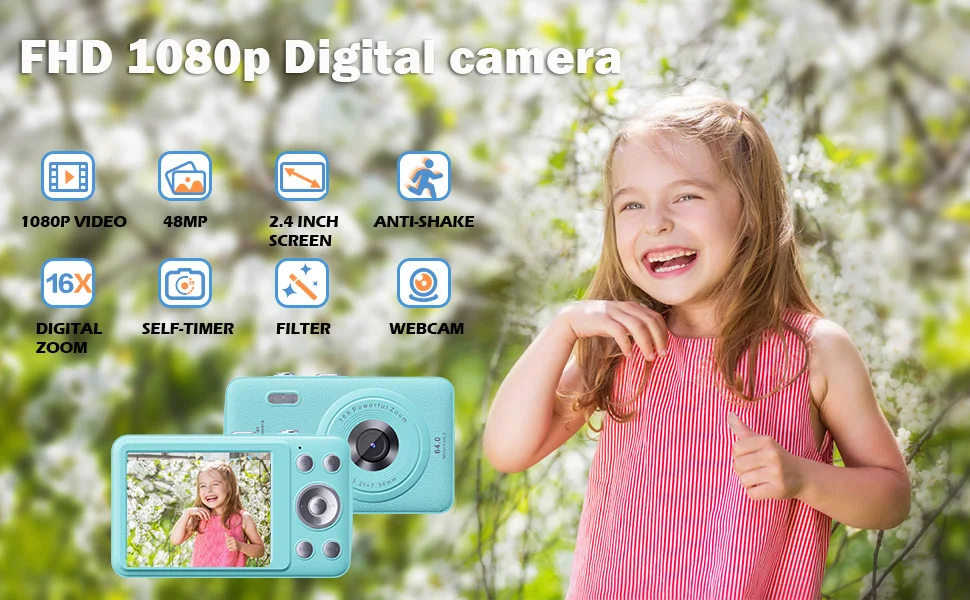 2026 New 48MP 1080P Full HD Digital Camera - 2.4-Inch Portable Auto-Focus Vlogging Camera with 32GB Memory Card & 16X Zoom | USB-C Rechargeable, Built-in Puzzle Game | Compact Travel Camera for Beginners - Budget-Friendly Holiday Gift