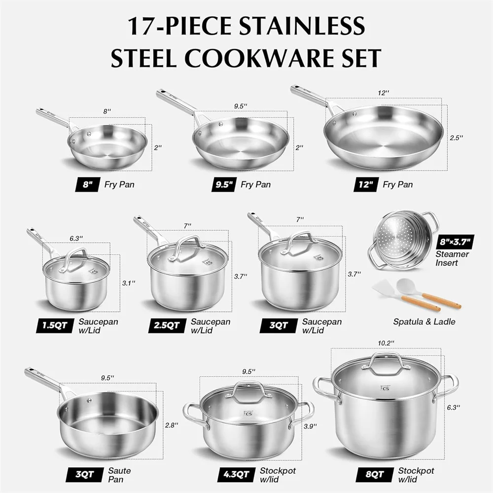 KOCH SYSTEME CS 17 Piece Stainless Steel Cookware Set Kitchen Saucepan Milk Pot Frying pan Professional 18/10 Stianless Steel Pots and Pans Set 5-Layer Stainless Base Induction Ready