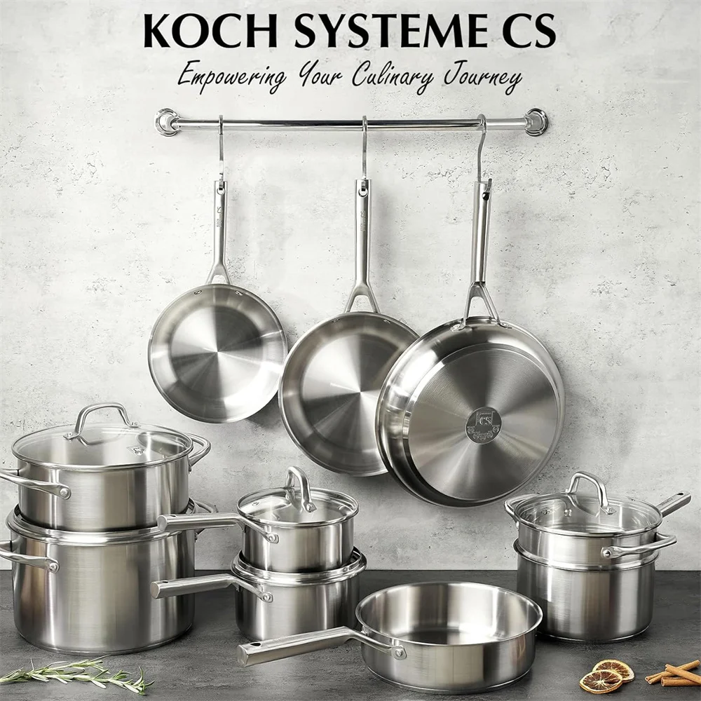 KOCH SYSTEME CS 17 Piece Stainless Steel Cookware Set Kitchen Saucepan Milk Pot Frying pan Professional 18/10 Stianless Steel Pots and Pans Set 5-Layer Stainless Base Induction Ready