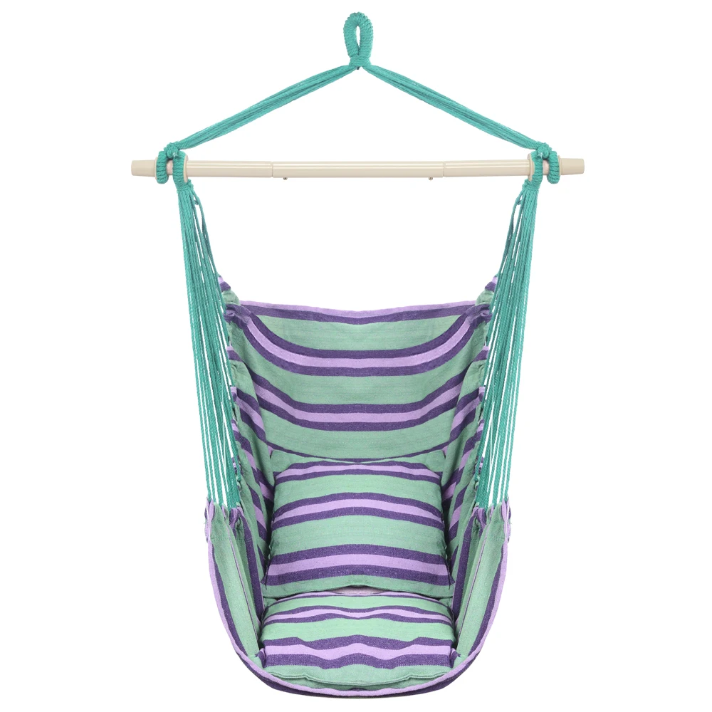 Outdoor Hanging Rope Chair Polyester Cotton with 2 Soft Pillows Green 250 Lbs Capacity for Garden Patio Porch Backyard Swing