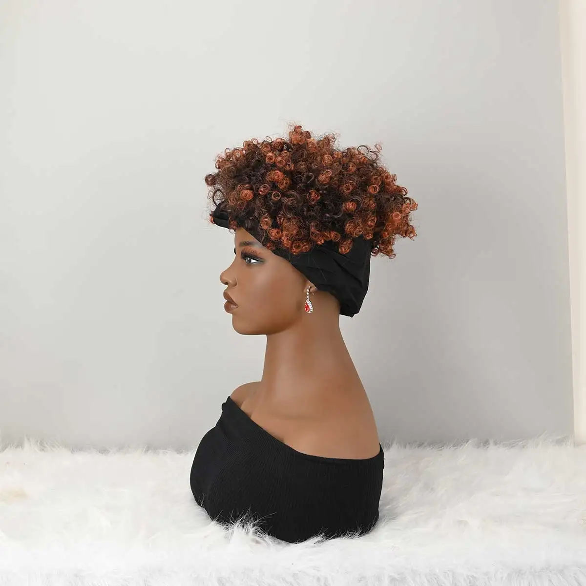 Headband Wig Curly Headband Wig With Bangs For Women Synthetic Afro Curly Hair Wig With Headband Attached Short Kinky Curly Afro High Puff With Bangs Stripes Short Red Curly Wigs with Bangs for Women, Natural Wavy Synthetic Wig, Fluffy Pixie Cut