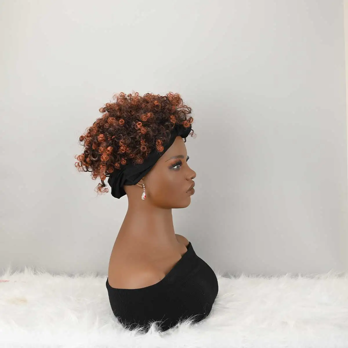 Headband Wig Curly Headband Wig With Bangs For Women Synthetic Afro Curly Hair Wig With Headband Attached Short Kinky Curly Afro High Puff With Bangs Stripes Short Red Curly Wigs with Bangs for Women, Natural Wavy Synthetic Wig, Fluffy Pixie Cut