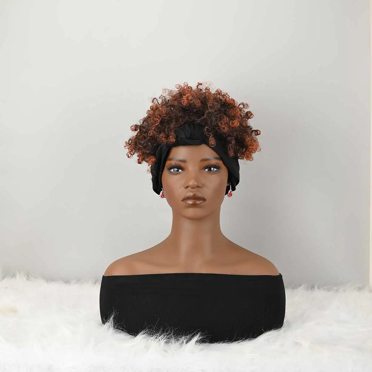 Headband Wig Curly Headband Wig With Bangs For Women Synthetic Afro Curly Hair Wig With Headband Attached Short Kinky Curly Afro High Puff With Bangs Stripes Short Red Curly Wigs with Bangs for Women, Natural Wavy Synthetic Wig, Fluffy Pixie Cut