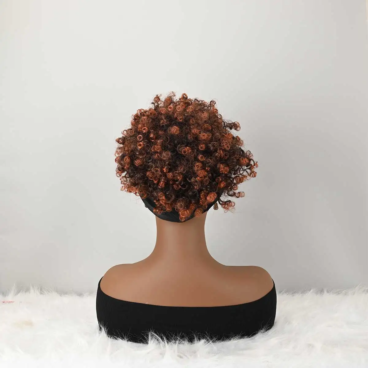 Headband Wig Curly Headband Wig With Bangs For Women Synthetic Afro Curly Hair Wig With Headband Attached Short Kinky Curly Afro High Puff With Bangs Stripes Short Red Curly Wigs with Bangs for Women, Natural Wavy Synthetic Wig, Fluffy Pixie Cut