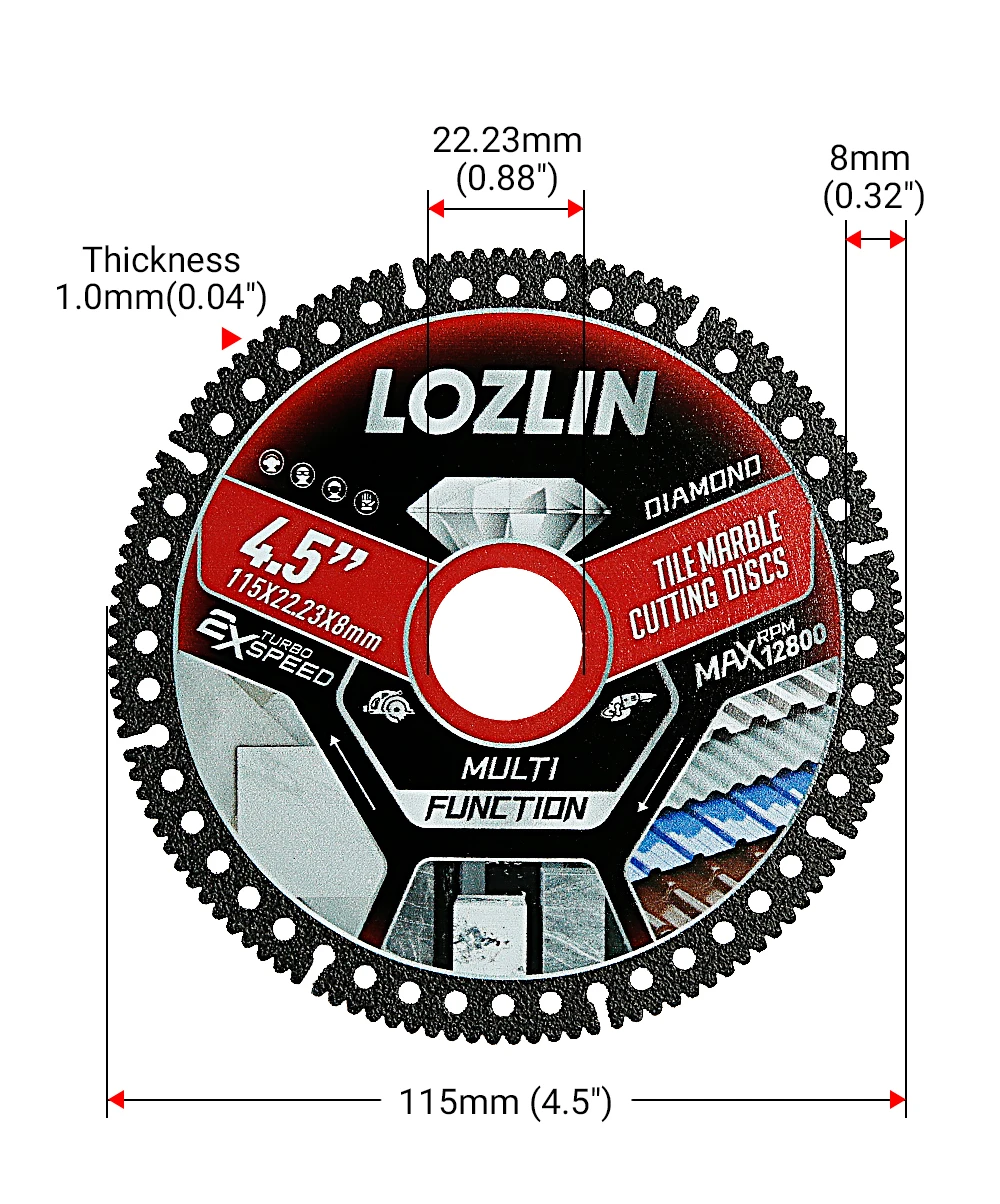 LOZLIN 4.5" 3PCS Diamond Saw Blades Super Thin Dry Cutting Disc Wear Resistant For Tile Marble Granite Ceramic Angle Grinder Masonry Construction Tool