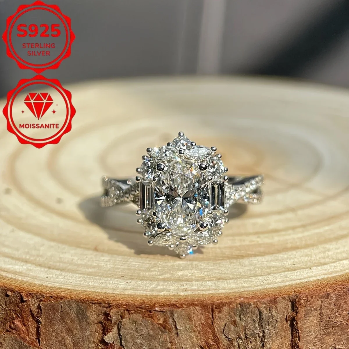 S925 sterling silver elegant 2-carat oval moissanite engagement ring, Bohemian style, cross goose egg design, perfect choice for weddings and anniversaries, great gift, Valentine's Day gift, total weight (4.266 grams)