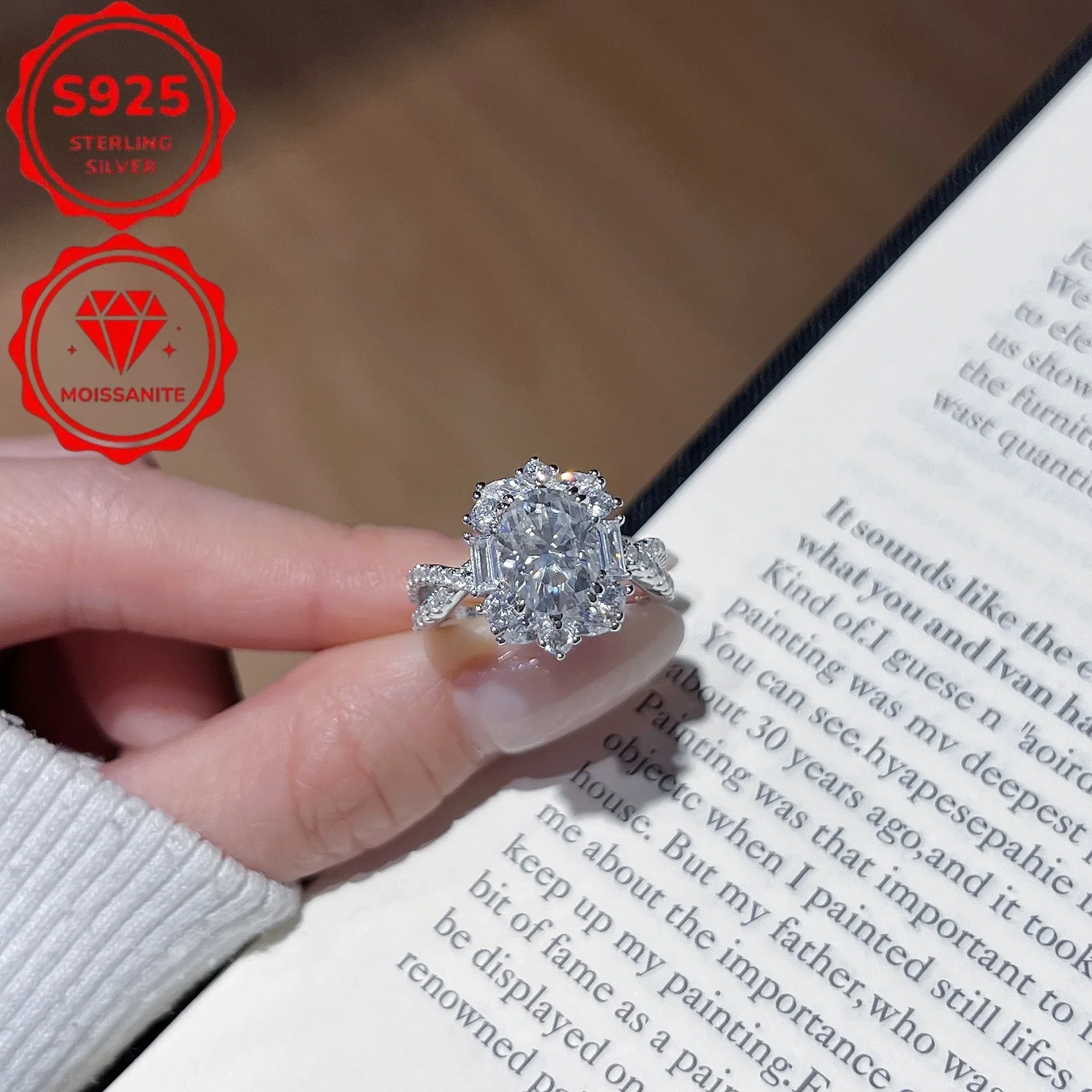 S925 sterling silver elegant 2-carat oval moissanite engagement ring, Bohemian style, cross goose egg design, perfect choice for weddings and anniversaries, great gift, Valentine's Day gift, total weight (4.266 grams)