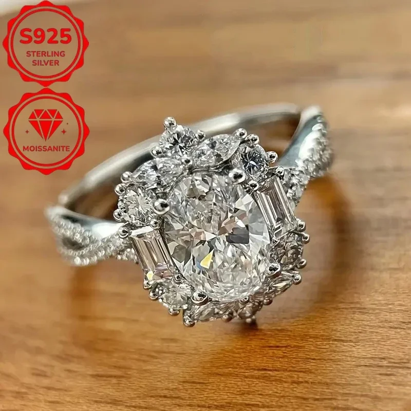 S925 sterling silver elegant 2-carat oval moissanite engagement ring, Bohemian style, cross goose egg design, perfect choice for weddings and anniversaries, great gift, Valentine's Day gift, total weight (4.266 grams)