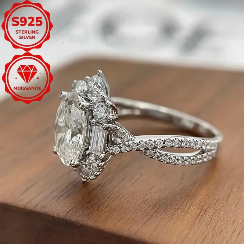 S925 sterling silver elegant 2-carat oval moissanite engagement ring, Bohemian style, cross goose egg design, perfect choice for weddings and anniversaries, great gift, Valentine's Day gift, total weight (4.266 grams)