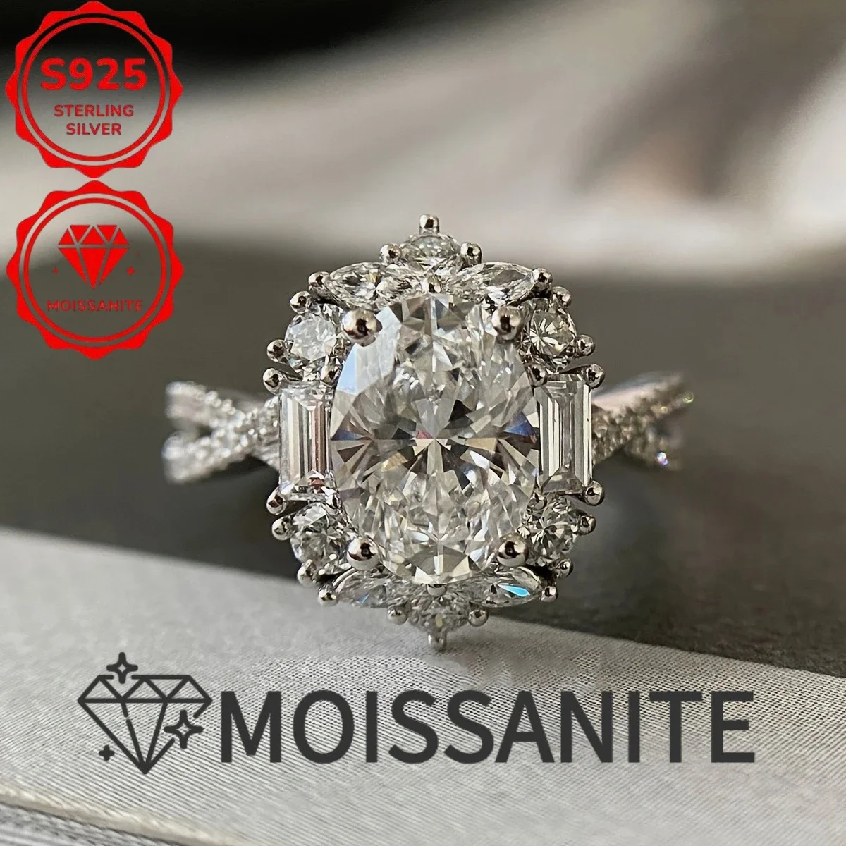 S925 sterling silver elegant 2-carat oval moissanite engagement ring, Bohemian style, cross goose egg design, perfect choice for weddings and anniversaries, great gift, Valentine's Day gift, total weight (4.266 grams)