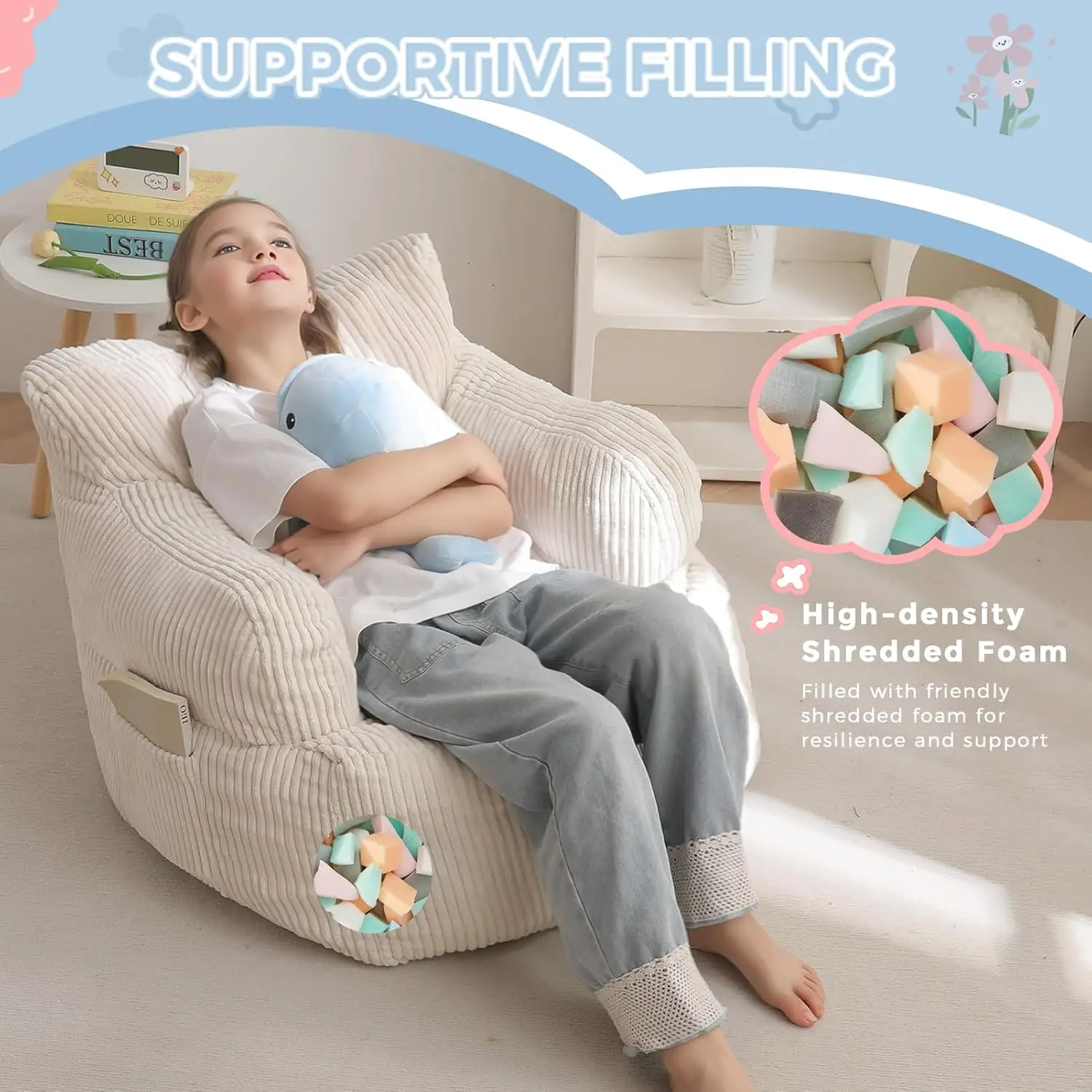 Kids Bean Bag Chair with Shredded Foam Filler, Cozy Corded Fabric Floor Sofa with Side Pocket for Gaming Reading, Beige