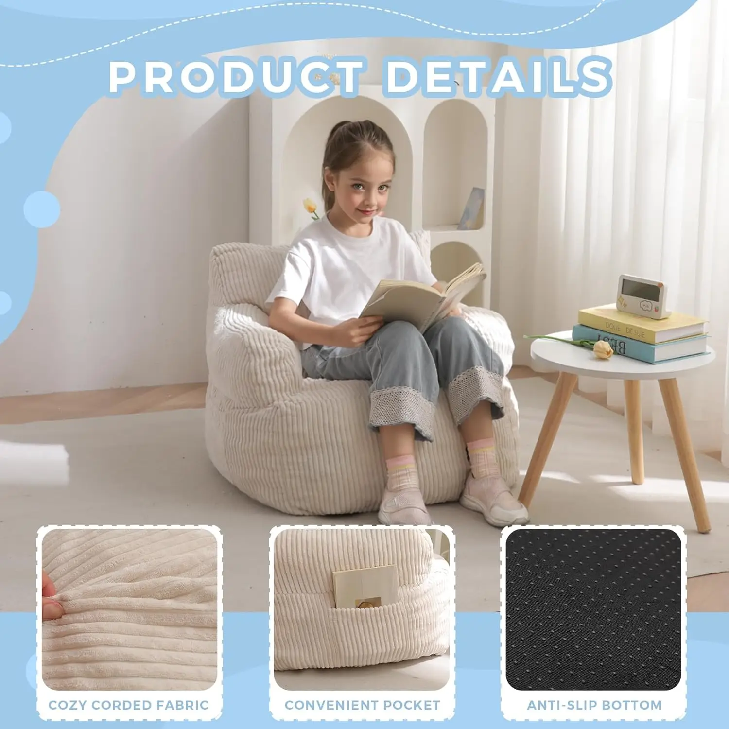 Kids Bean Bag Chair with Shredded Foam Filler, Cozy Corded Fabric Floor Sofa with Side Pocket for Gaming Reading, Beige