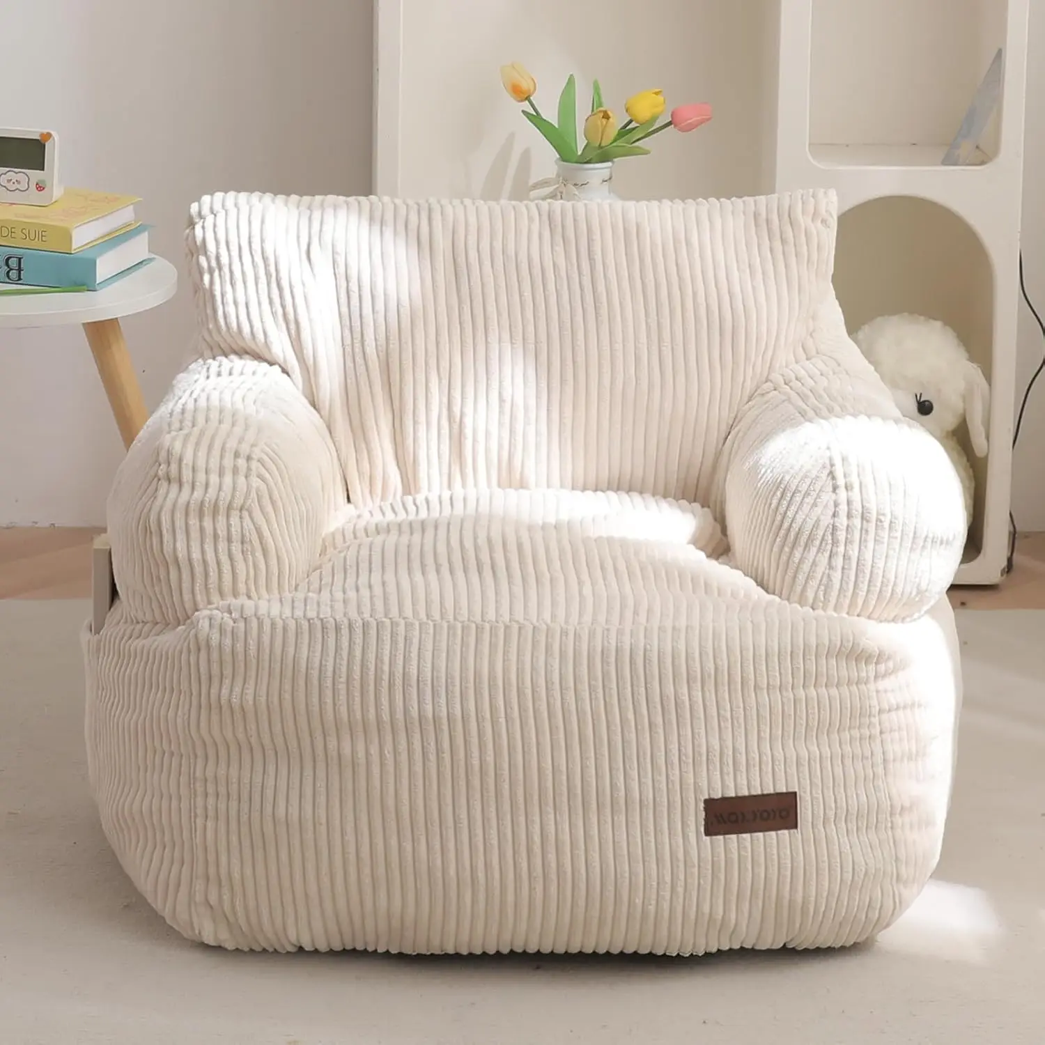 Kids Bean Bag Chair with Shredded Foam Filler, Cozy Corded Fabric Floor Sofa with Side Pocket for Gaming Reading, Beige