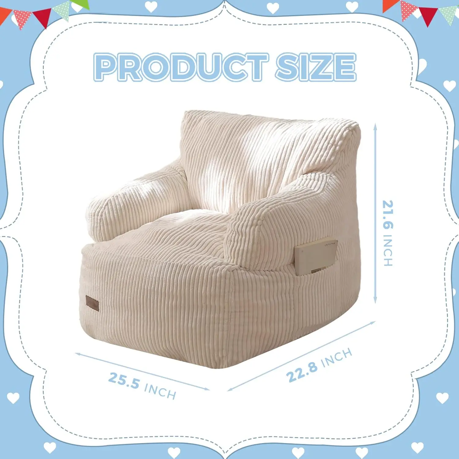 Kids Bean Bag Chair with Shredded Foam Filler, Cozy Corded Fabric Floor Sofa with Side Pocket for Gaming Reading, Beige