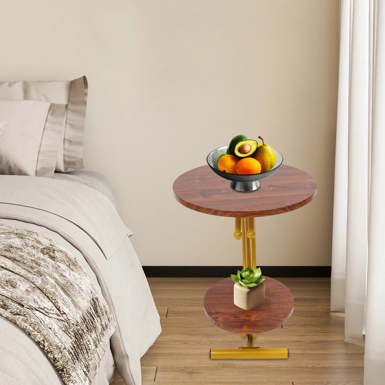 2-Tier Side Table, 2-Tier Round End Table, End Table with Storage Shelf for Living Room, Bedroom