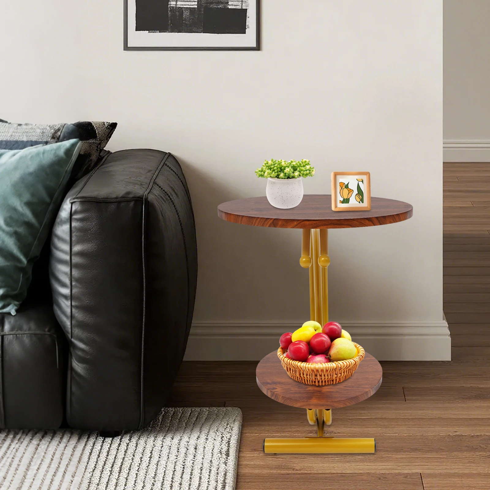 2-Tier Side Table, 2-Tier Round End Table, End Table with Storage Shelf for Living Room, Bedroom