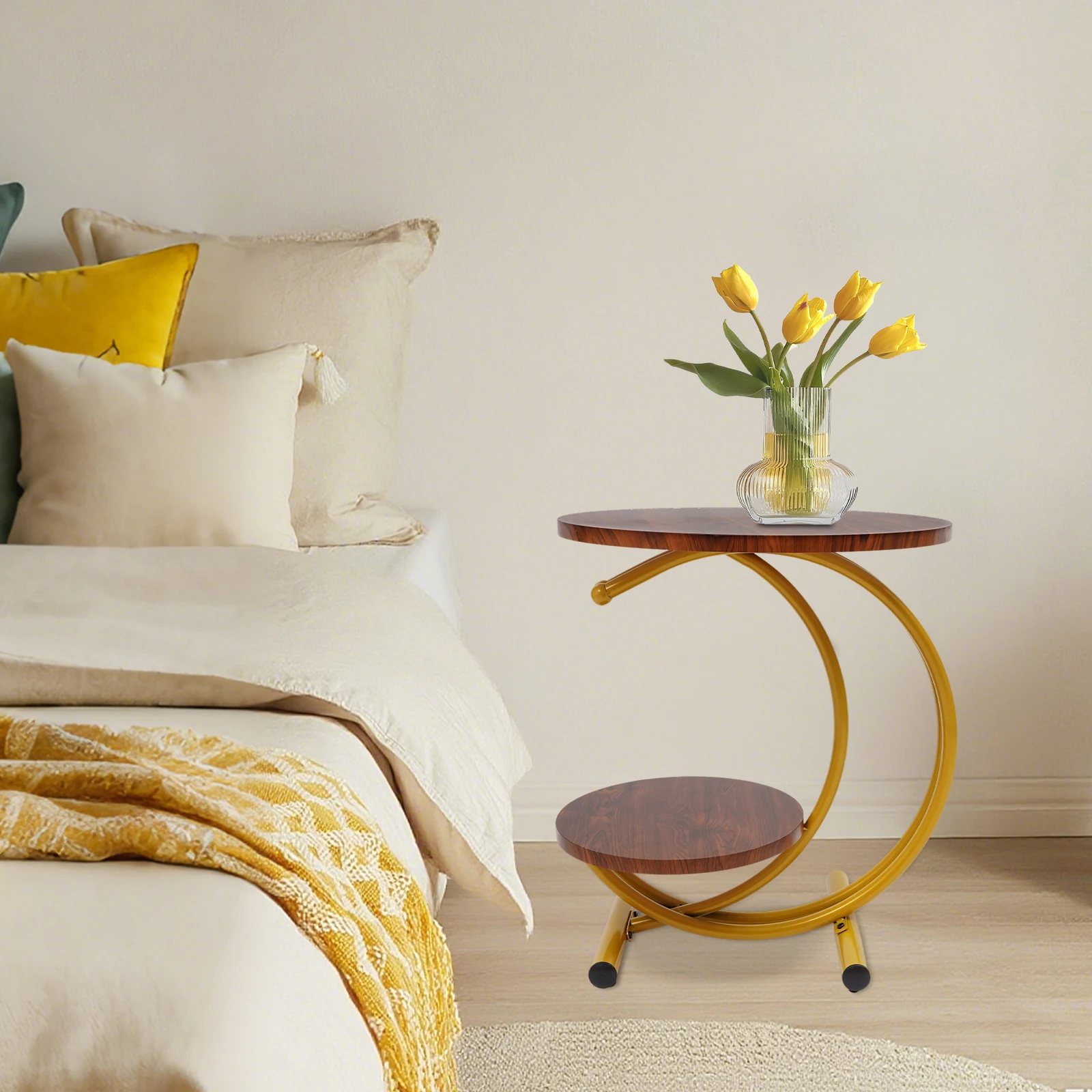 2-Tier Side Table, 2-Tier Round End Table, End Table with Storage Shelf for Living Room, Bedroom