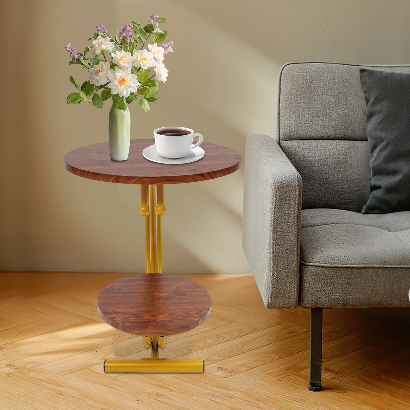 2-Tier Side Table, 2-Tier Round End Table, End Table with Storage Shelf for Living Room, Bedroom