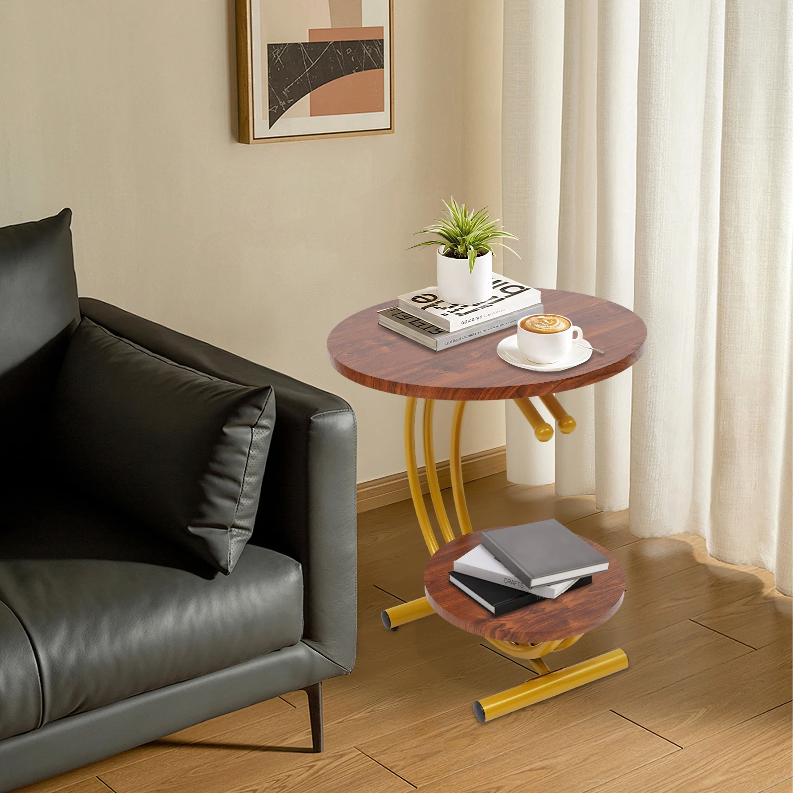 2-Tier Side Table, 2-Tier Round End Table, End Table with Storage Shelf for Living Room, Bedroom