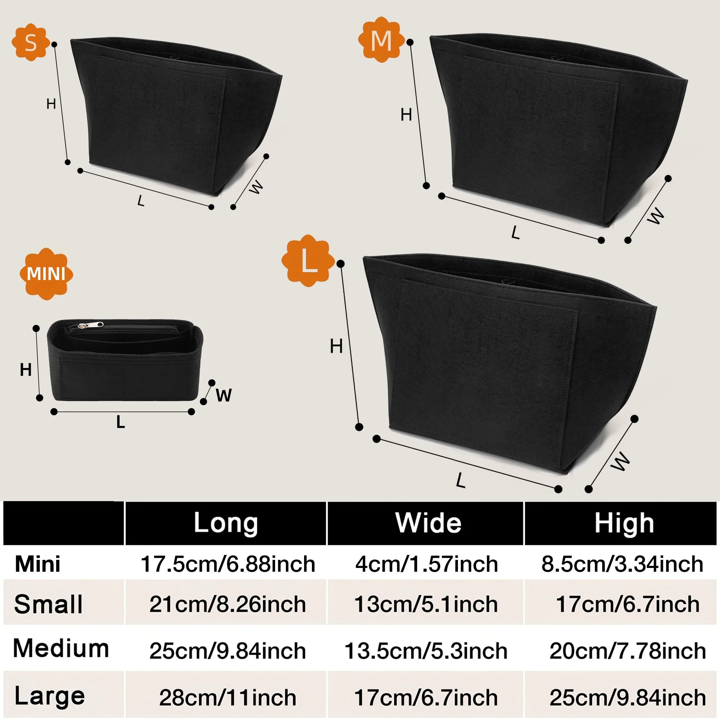 Felt Tote Bag Organizer Insert with Zipper Multi-Pocket Handbag Shaper for Longchamp Large Purse Makeup Storage Travel Liner