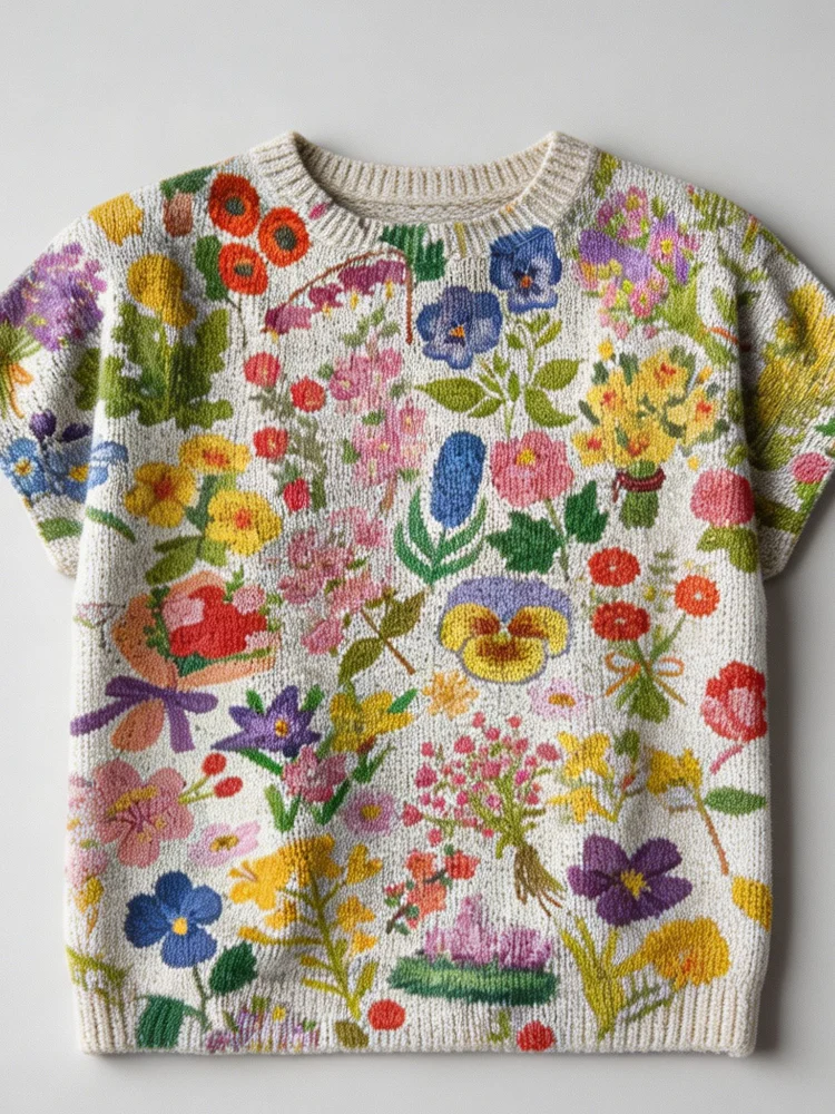 Women's Printed Short-Sleeved Sweater, Featuring a vintage Floral and Botanical Print Knitted Design, Paired with a Country-Style Round Neck, Suitable for Wearing in Spring and Summer Seasons.
