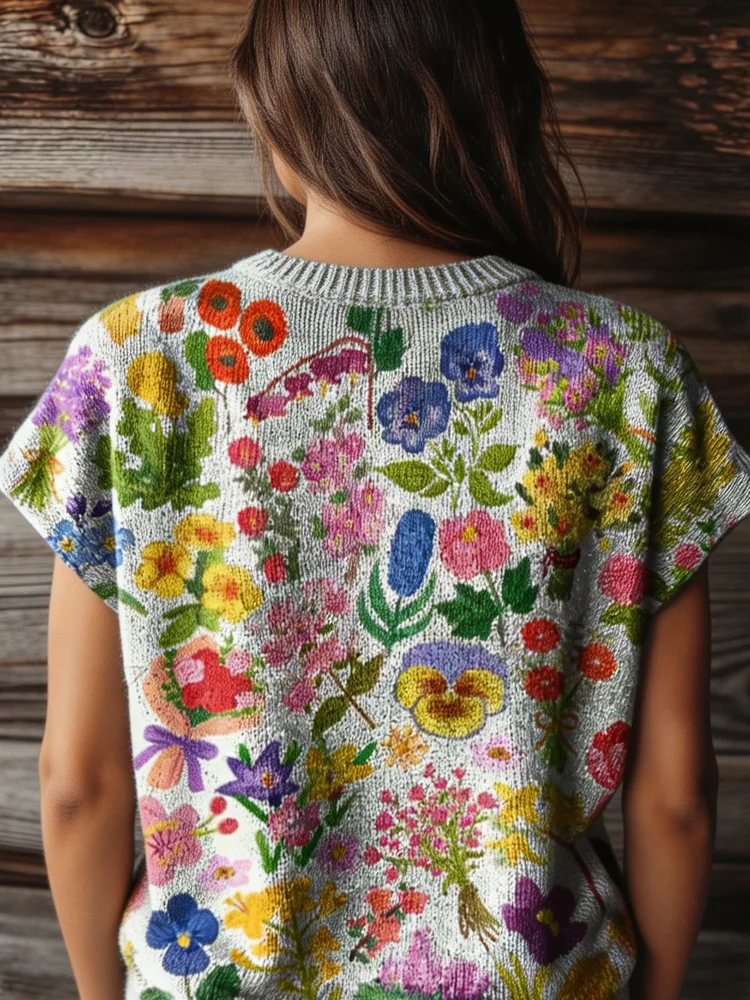 Women's Printed Short-Sleeved Sweater, Featuring a vintage Floral and Botanical Print Knitted Design, Paired with a Country-Style Round Neck, Suitable for Wearing in Spring and Summer Seasons.