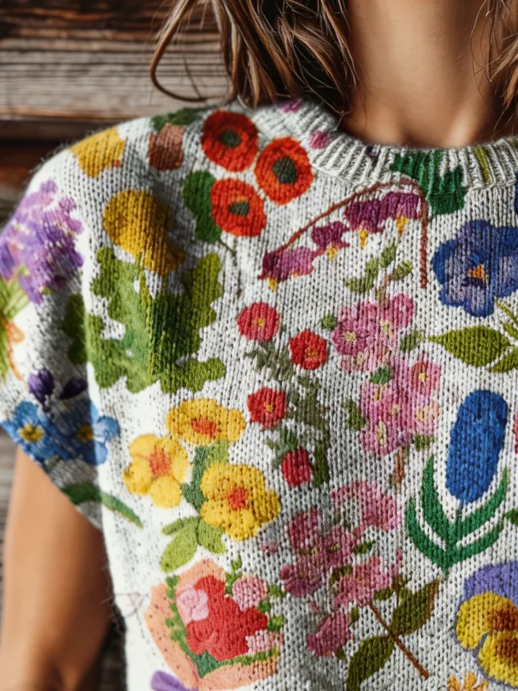 Women's Printed Short-Sleeved Sweater, Featuring a vintage Floral and Botanical Print Knitted Design, Paired with a Country-Style Round Neck, Suitable for Wearing in Spring and Summer Seasons.