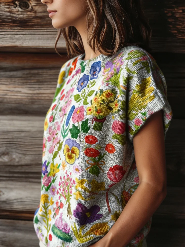 Women's Printed Short-Sleeved Sweater, Featuring a vintage Floral and Botanical Print Knitted Design, Paired with a Country-Style Round Neck, Suitable for Wearing in Spring and Summer Seasons.