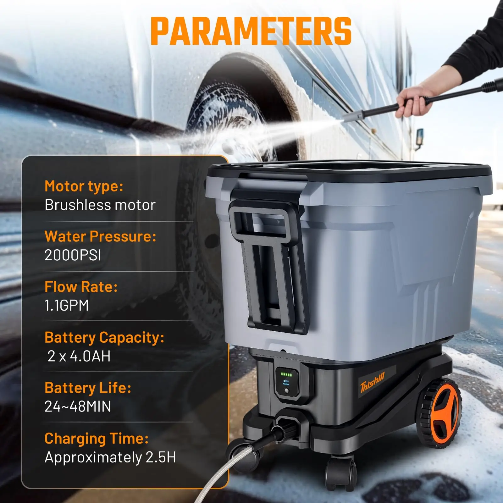 Electric High Pressure Washer, 2000PSI Cordless Pressure Washer with 3 Modes of Water Supply, 0°-180° Swivel Joint, 7.2 Gallon Tank & Wheels for Car/Fences/Driveway/Home/Patio Cleaning