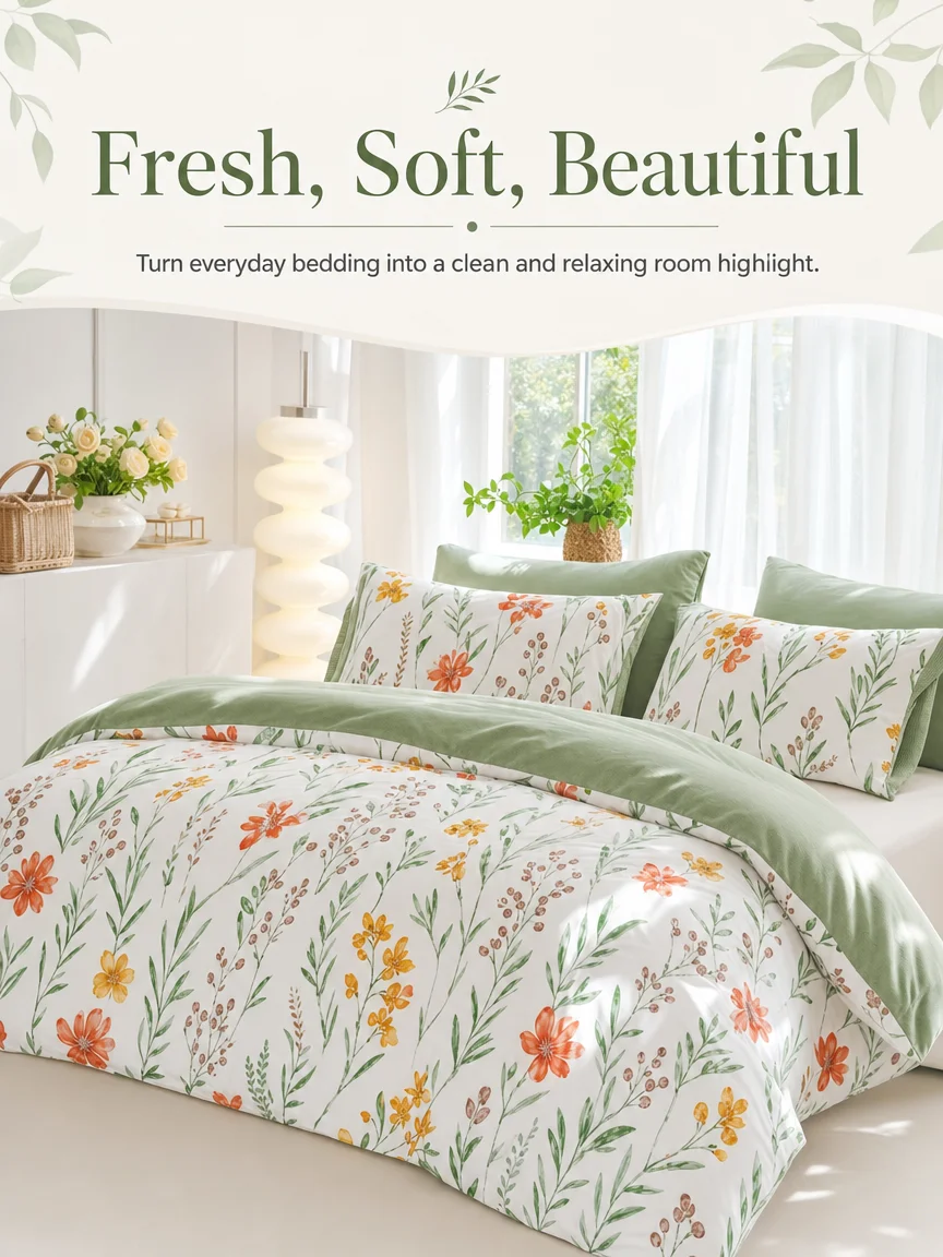 Botanical Floral Duvet Cover Set, Green White Bedding Set, Soft Plant Print Bed Cover with Pillowcases, Twin Full Queen King Breathable and Ultra-Soft, Suitable for All Seasons, Includes 1 Duvet Cover and 1-2 Pillowcases.