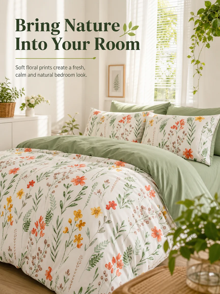 Botanical Floral Duvet Cover Set, Green White Bedding Set, Soft Plant Print Bed Cover with Pillowcases, Twin Full Queen King Breathable and Ultra-Soft, Suitable for All Seasons, Includes 1 Duvet Cover and 1-2 Pillowcases.