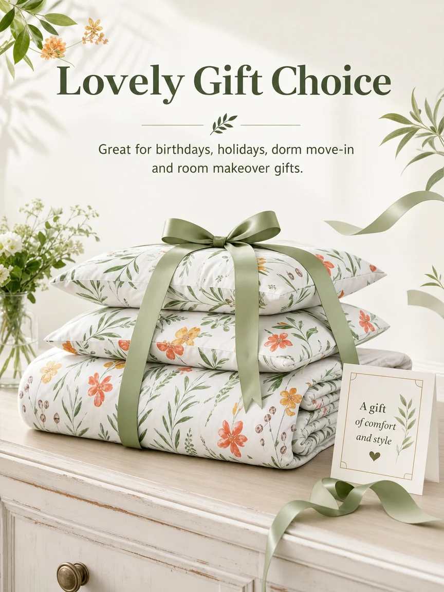 Botanical Floral Duvet Cover Set, Green White Bedding Set, Soft Plant Print Bed Cover with Pillowcases, Twin Full Queen King Breathable and Ultra-Soft, Suitable for All Seasons, Includes 1 Duvet Cover and 1-2 Pillowcases.