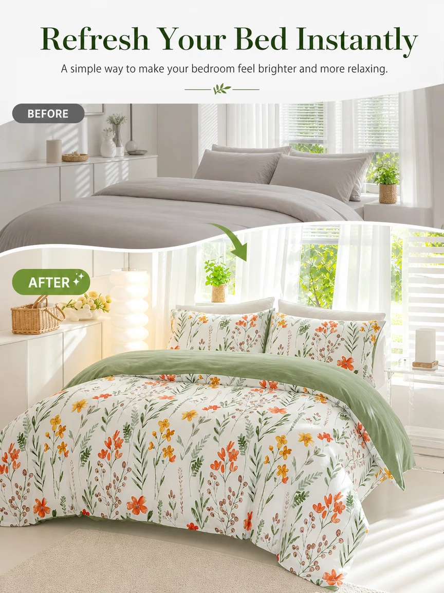 Botanical Floral Duvet Cover Set, Green White Bedding Set, Soft Plant Print Bed Cover with Pillowcases, Twin Full Queen King Breathable and Ultra-Soft, Suitable for All Seasons, Includes 1 Duvet Cover and 1-2 Pillowcases.