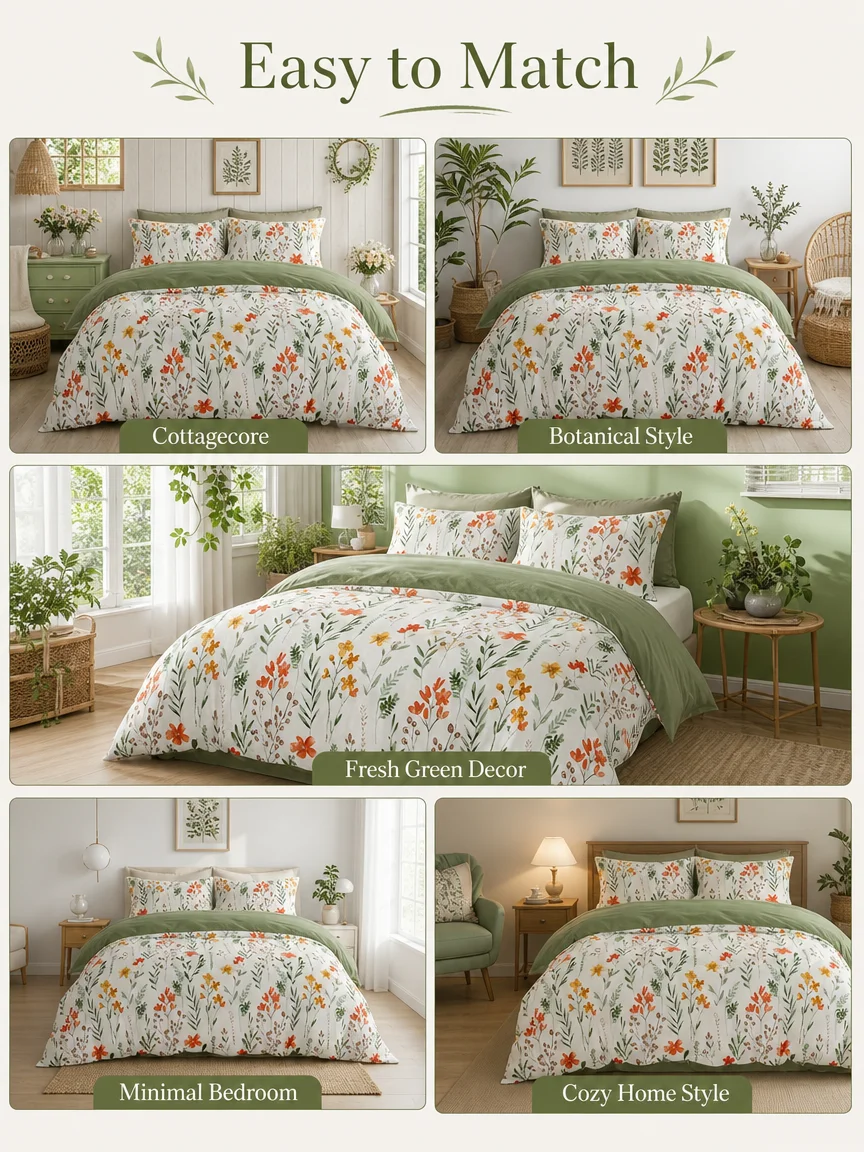 Botanical Floral Duvet Cover Set, Green White Bedding Set, Soft Plant Print Bed Cover with Pillowcases, Twin Full Queen King Breathable and Ultra-Soft, Suitable for All Seasons, Includes 1 Duvet Cover and 1-2 Pillowcases.